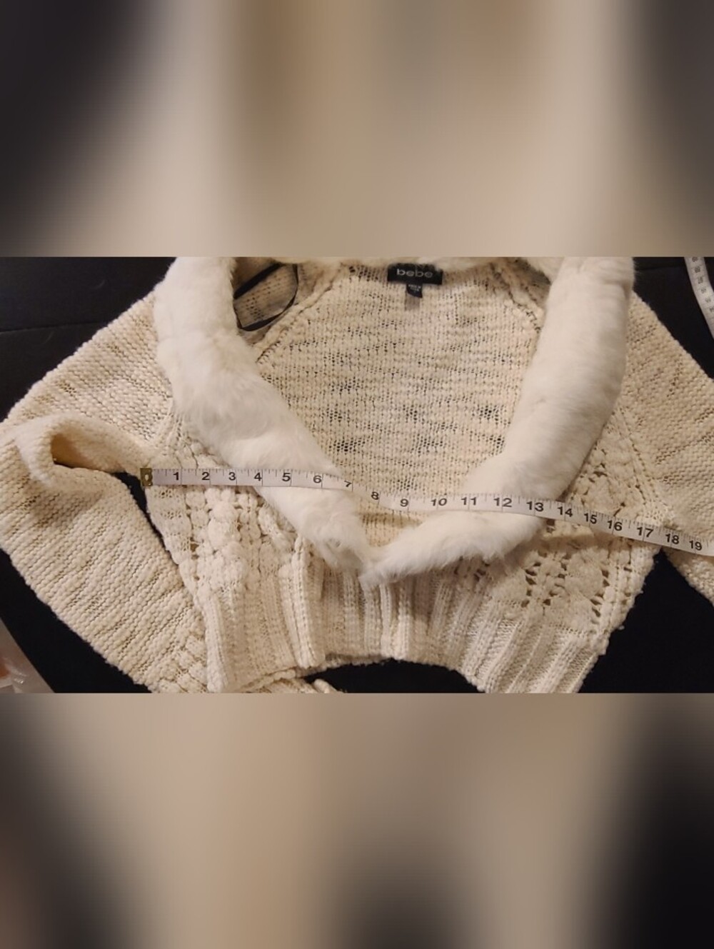 Vintage Bebe Cream Ivory Wool  & Fur Knit Cropped Sweater, Large - Picture 9 of 10